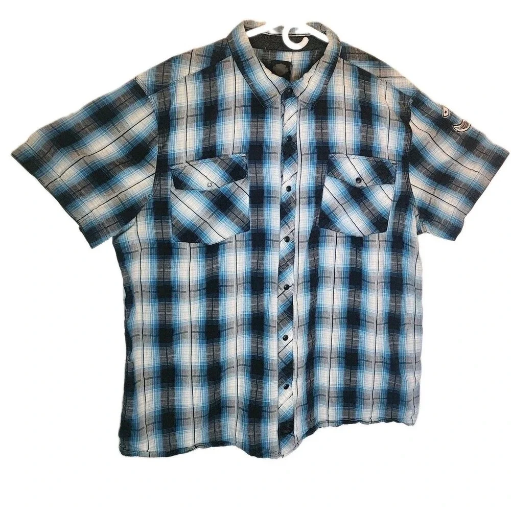 HARLEY-DAVIDSON MEN'S 2XL SNAP UP PLAID SHORT SLEEVE SHIRT BLUE/BLACK